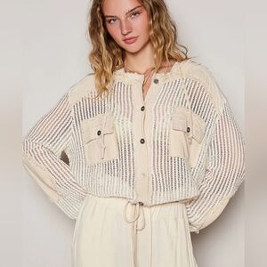 POL Open Knit Contrast Hooded Shacket W/ Hoodie. Sz L NWOT